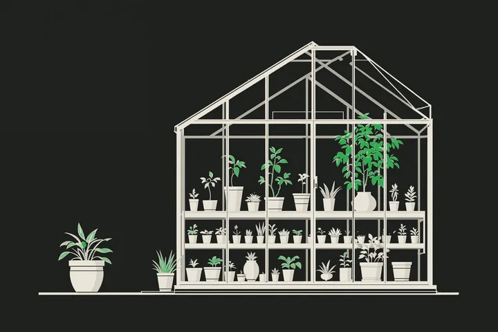 Illustration of a glasshouse with rows of potted plants at different stages of growth, from seedlings to a tall plant.
