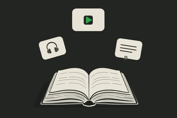 Illustration of an open book with three cards rising from its pages: a video lesson, a pair of headphones and a certificate.