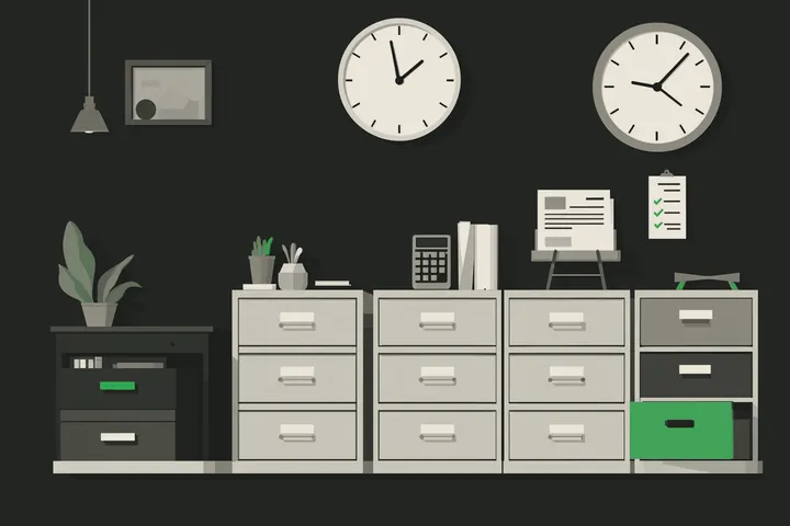 Illustration of a tidy back office: filing drawers, a calculator, a stack of documents and two wall clocks, with one drawer picked out in green.