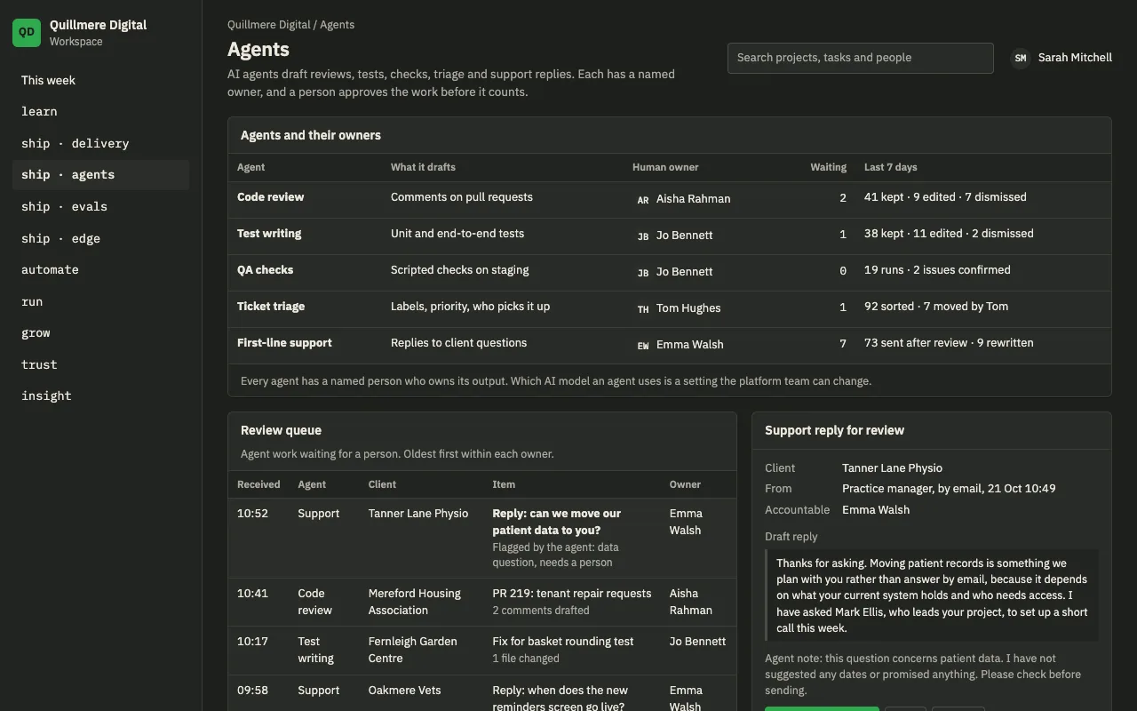 Preview of a planned feature: a review queue of work drafted by software agents, with keep, edit and reject actions, and a record of who approved what.