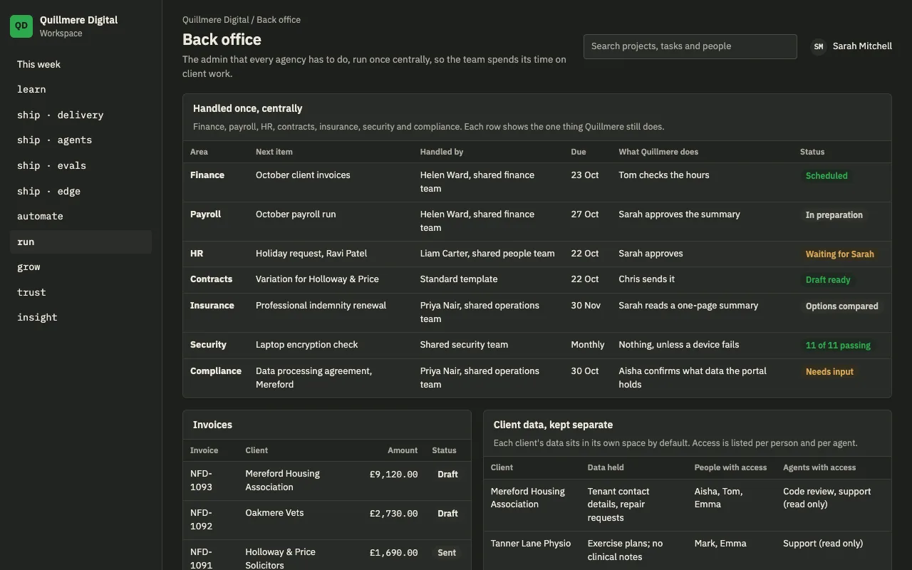Preview of a planned feature: a back-office screen listing finance, payroll, people, contracts and insurance tasks handled by a shared team, with what the sample agency needs to do.