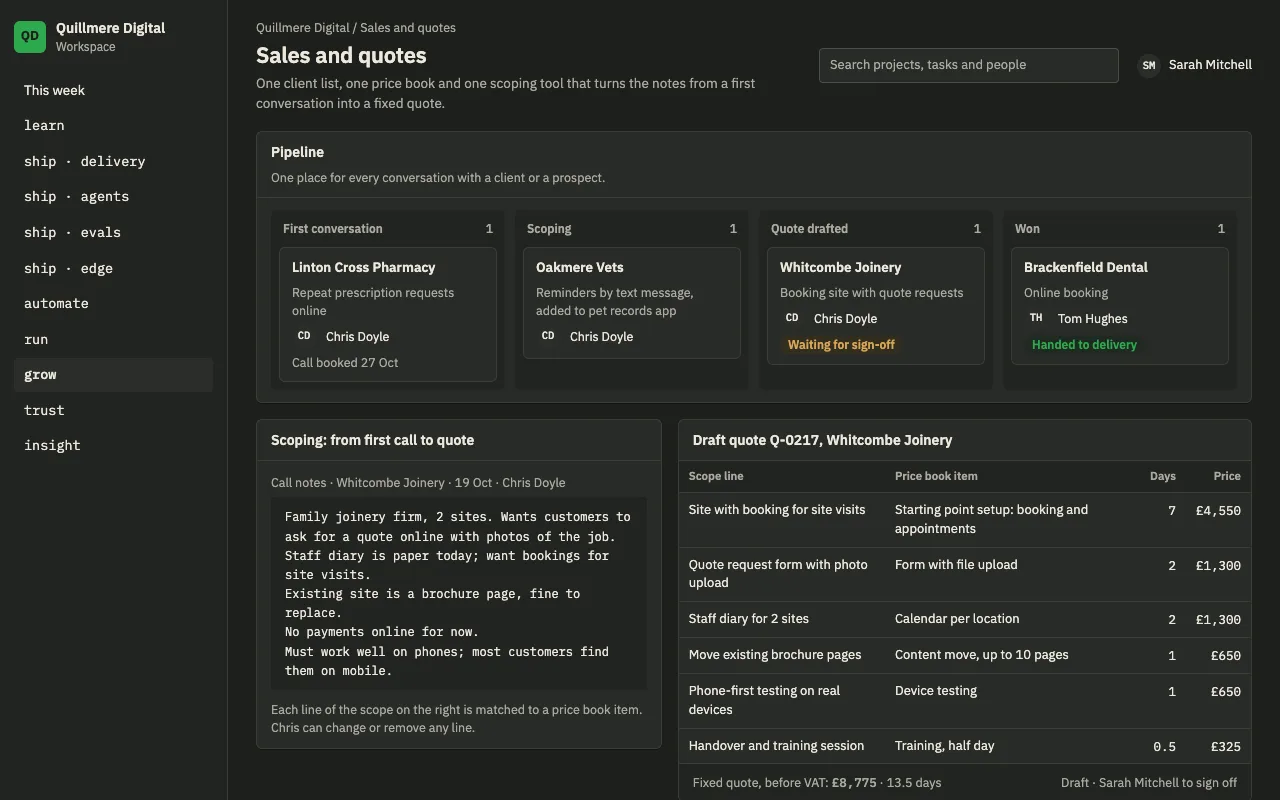 Preview of a planned feature: a quote being built from call notes, with each line matched to a price book item and a sign-off step.