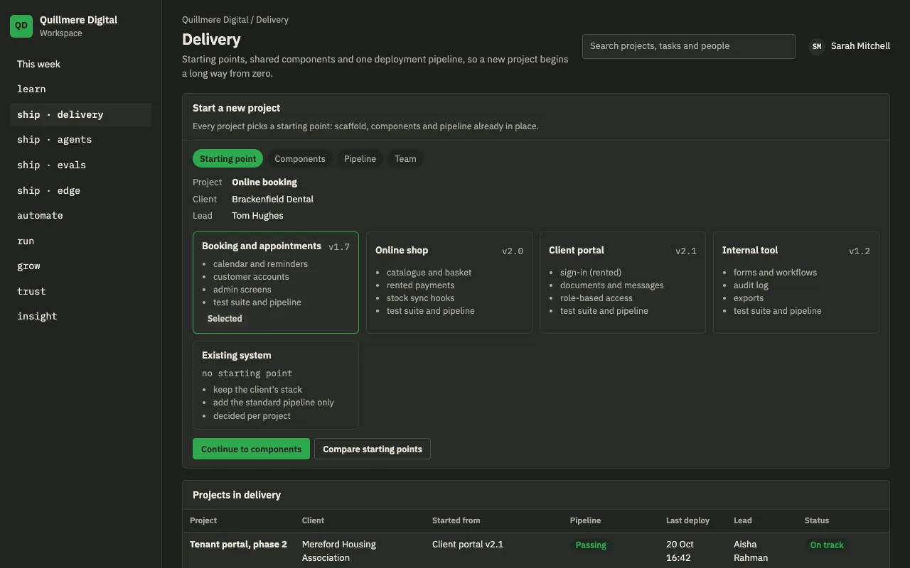 Preview of a planned feature: a new-project screen offering starting points such as booking and appointments, online shop and client portal, next to a table of the sample agency's projects and their status.
