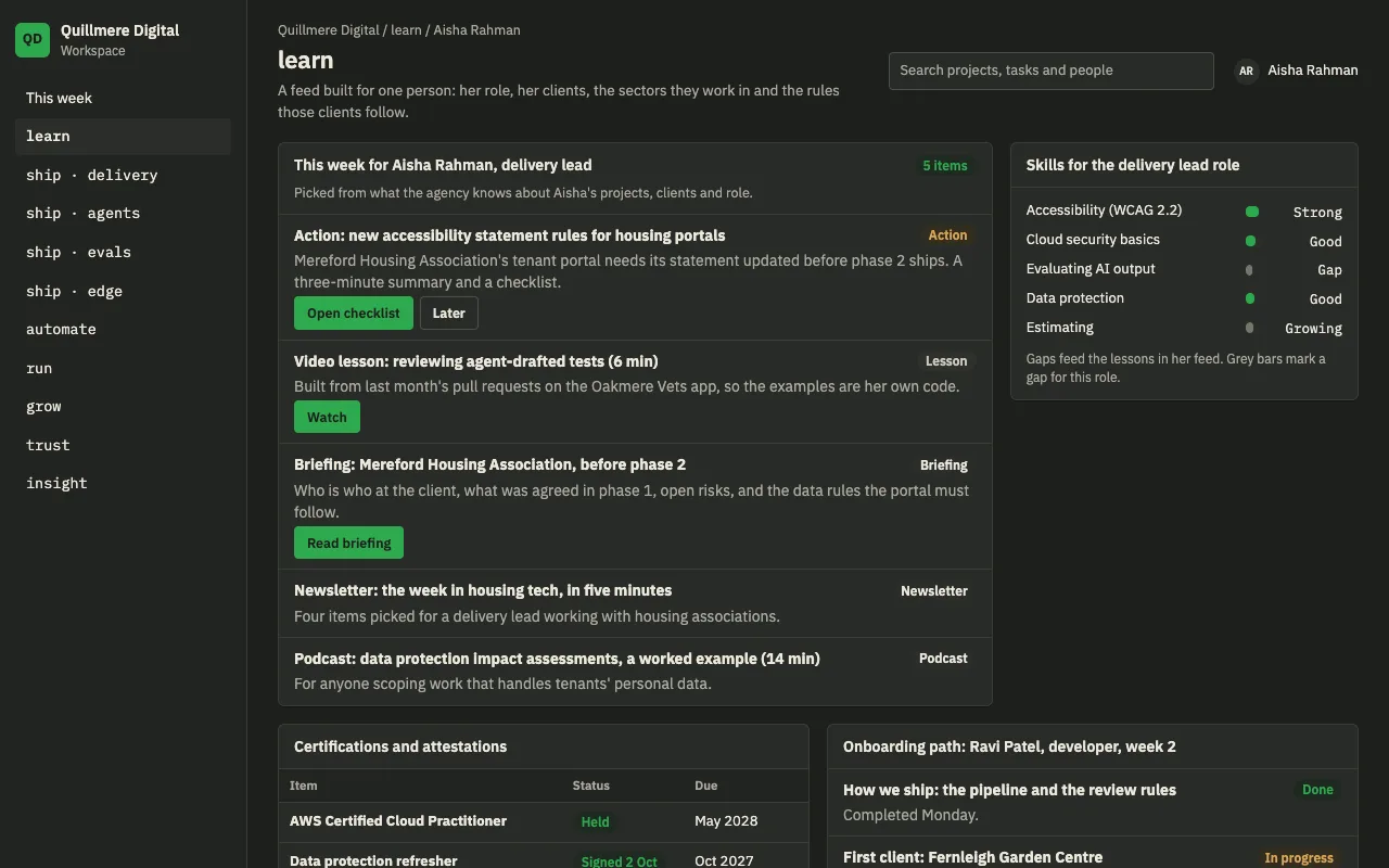 The learn module: a personalised feed for a delivery lead, with a critical action, a video lesson, a client briefing, a skills view, certifications and an onboarding path.